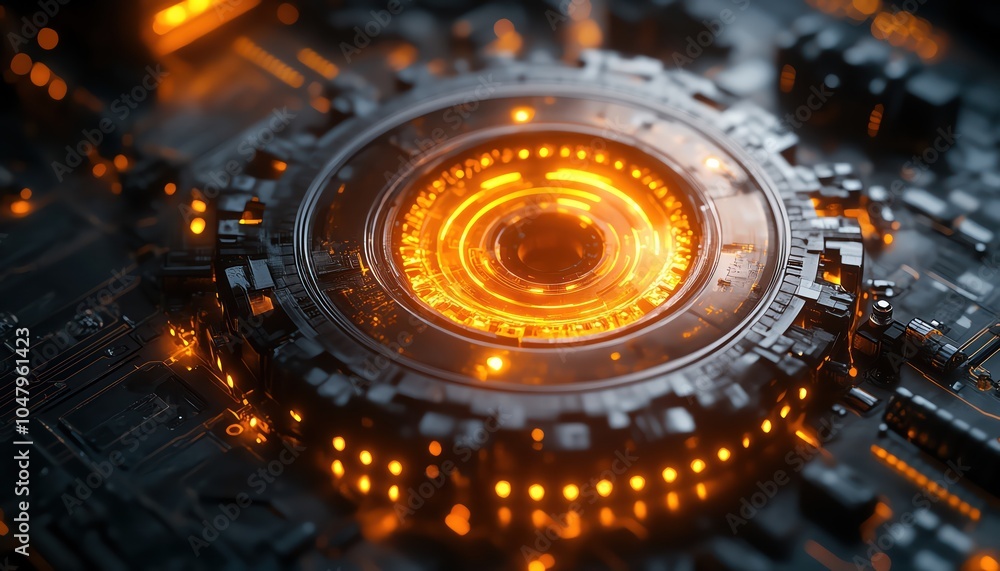 Futuristic glowing orange machine core with intricate mechanical details, emitting a warm, industrial glow