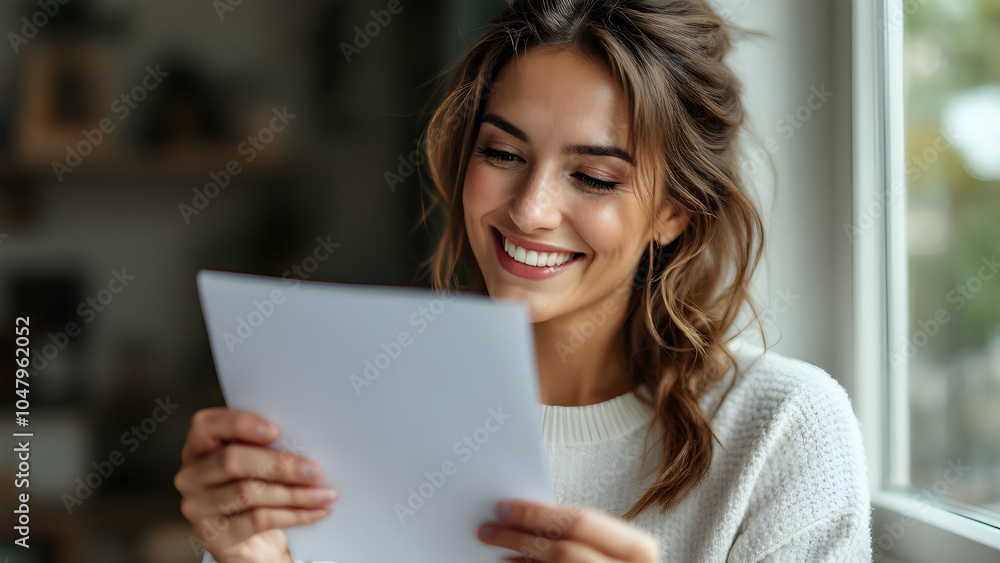 Happy Young Woman Reading a Letter by the Window Happy Young Woman Reading a Letter by the Window
