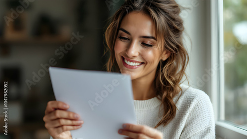 Happy Young Woman Reading a Letter by the Window