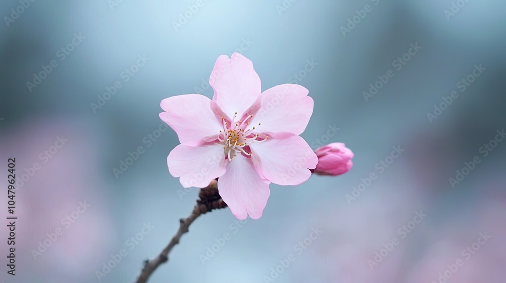 A delicate pink cherry blossom with soft petals on a branch, set against a blurred blue background. A delicate pink cherry blossom with soft petals on a branch, set against a blurred blue background.