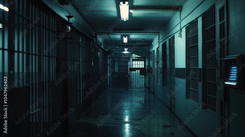 A Dark and Gloomy Prison Corridor with Bars and a Metal Door A Dark and Gloomy Prison Corridor with Bars and a Metal Door
