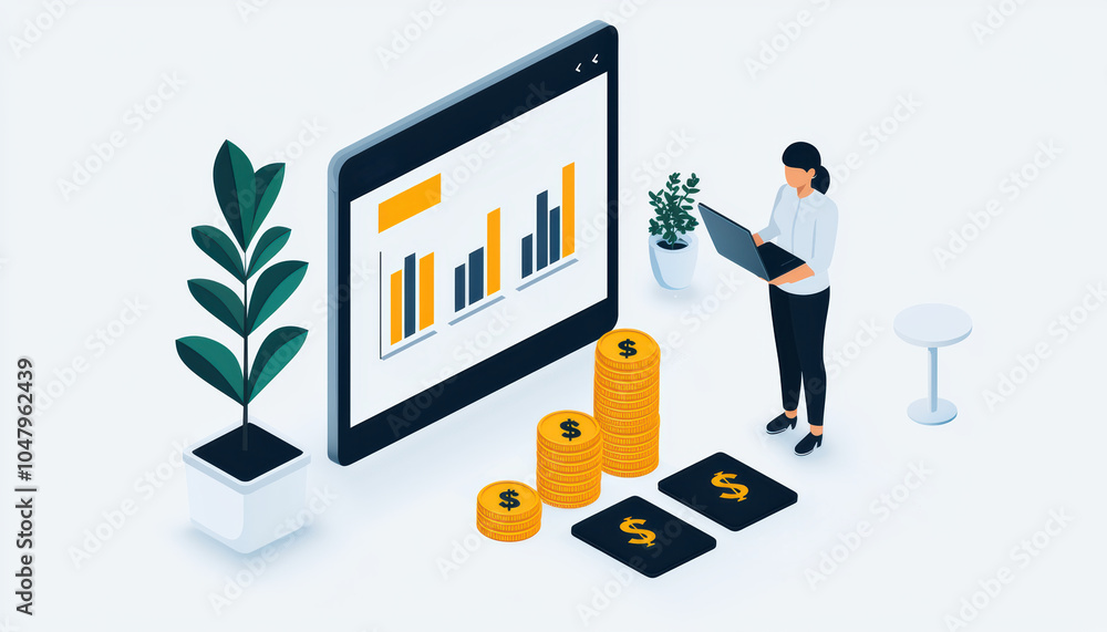 A financial tech platform that tracks sustainable living habits, A businesswoman analyzes financial data on a tablet, surrounded by growth charts and coins, symbolizing investment and success. A financial tech platform that tracks sustainable living habits, A businesswoman analyzes financial data on a tablet, surrounded by growth charts and coins, symbolizing investment and success.