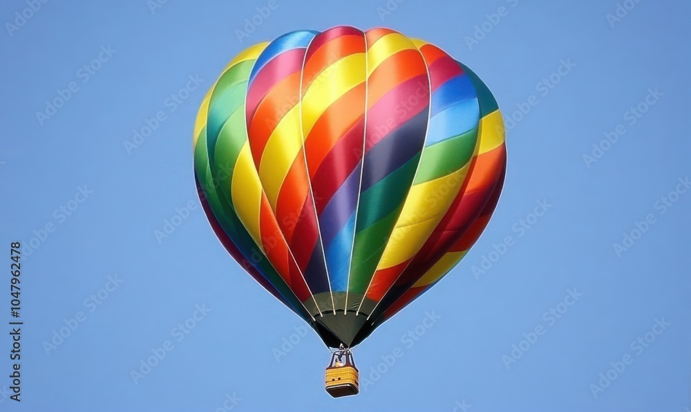 Fototapeta premium A vibrant hot air balloon soaring through a clear blue sky, symbolizing adventure and leisure.