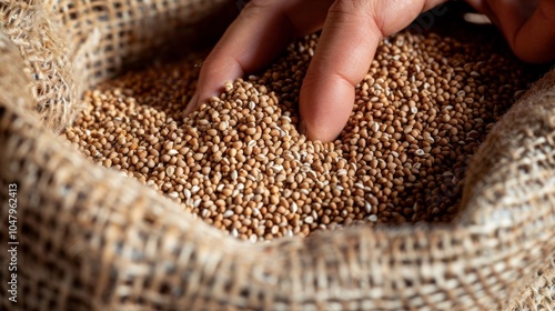 A hand reaching into a bag of buckwheat groats highlighting their texture and crunchy nature.