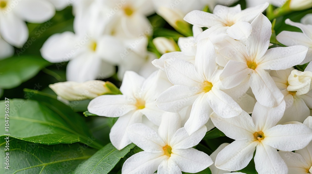 A close-up view of white flowers with delicate petals and green leaves, showcasing their beauty and freshness in a natural setting. A close-up view of white flowers with delicate petals and green leaves, showcasing their beauty and freshness in a natural setting.