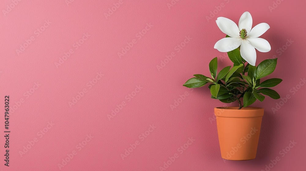 A small potted plant with a white flower is placed against a textured pink wall, creating a soft and inviting aesthetic. A small potted plant with a white flower is placed against a textured pink wall, creating a soft and inviting aesthetic.