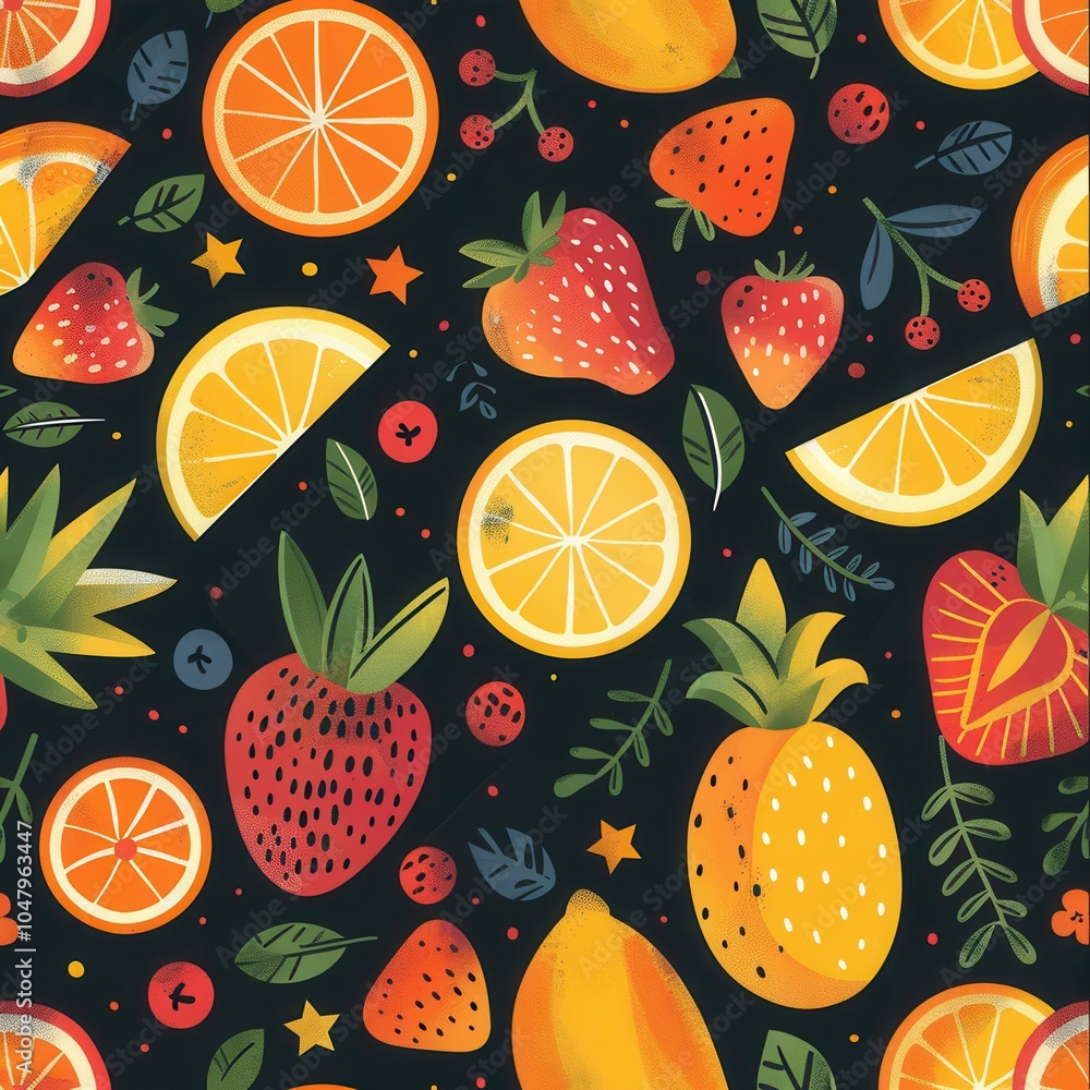 This vibrant arrangement showcases a delightful mix of strawberries, oranges, and pineapples against a dark backdrop, perfect for patterns. Generative AI This vibrant arrangement showcases a delightful mix of strawberries, oranges, and pineapples against a dark backdrop, perfect for patterns. Generative AI