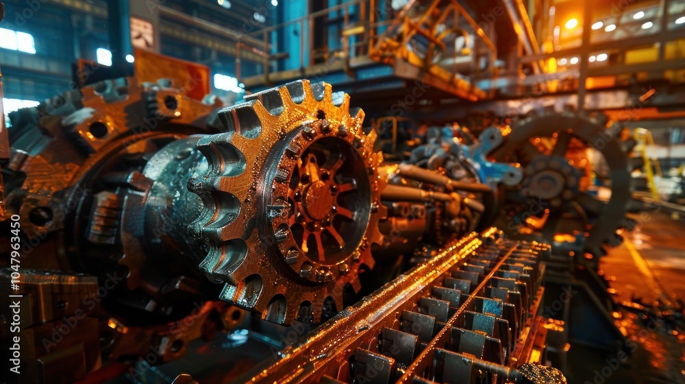 Heavy equipment gears working in a steel manufacturing facility, AI generated image