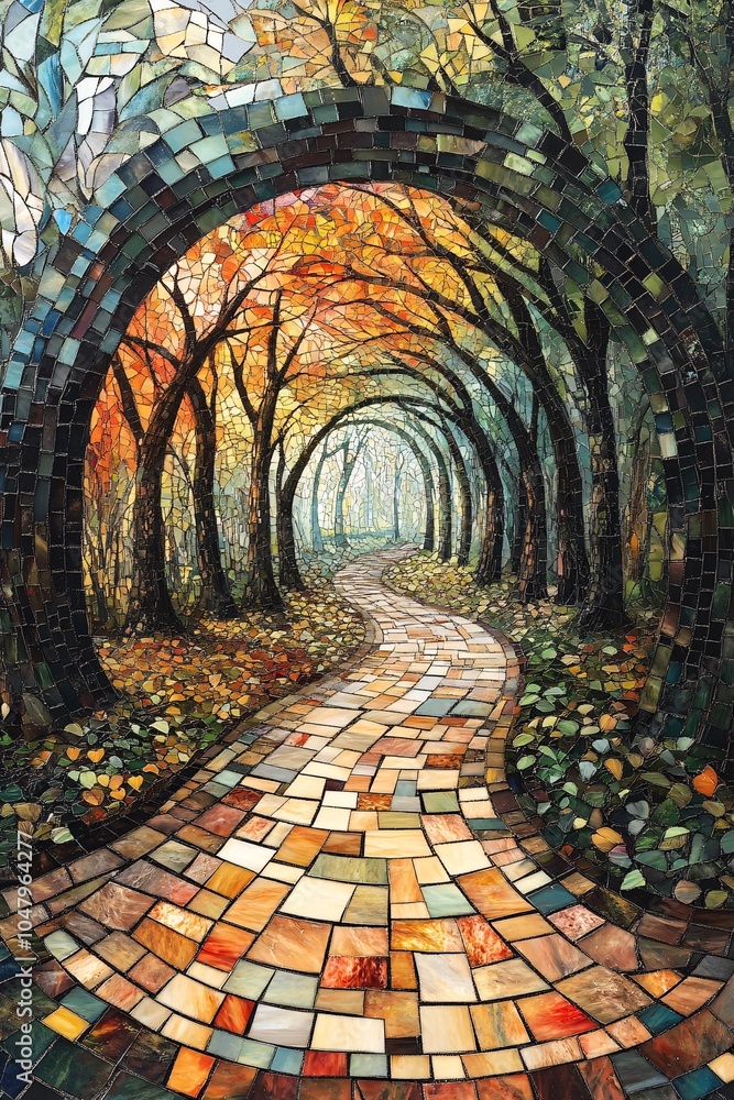 Obraz premium A vibrant mosaic pathway through an enchanted forest of colorful autumn leaves framed by majestic trees