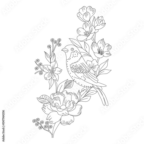 bird is sitting on a tree branch with flowers