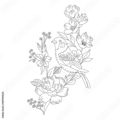 bird is sitting on a tree branch with flowers.