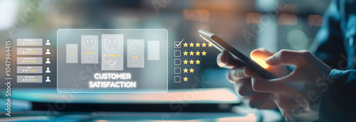 Business person analyzes customer experience satisfaction review data, striving to improve service quality. Leveraging reviews to enhance customer satisfaction and loyalty. EIDE