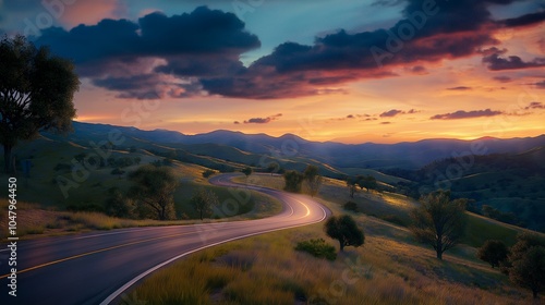 A winding asphalt road leads through a valley towards a vibrant sunset with dramatic clouds.