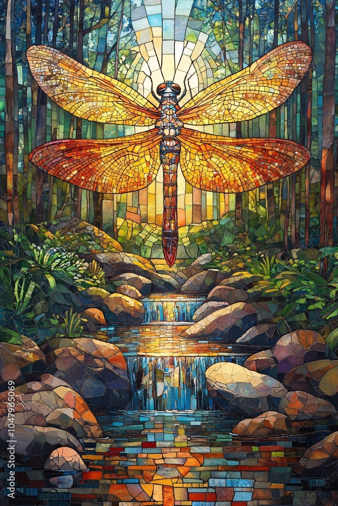 Obraz premium Vibrant stained glass dragonfly over serene stream in lush forest setting capturing the essence of nature's beauty