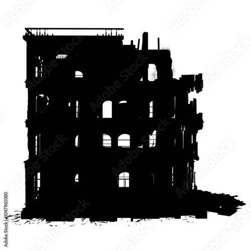 Abandoned skyscraper silhouette. Design element for apocalyptic city landscape, burned out and destroyed by bombing silhouette housing construction isolated vector illustration