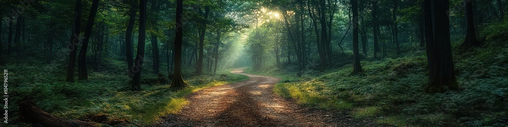 Obraz premium Serene forest path illuminated by soft sunlight.