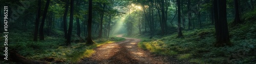 Serene forest path illuminated by soft sunlight.