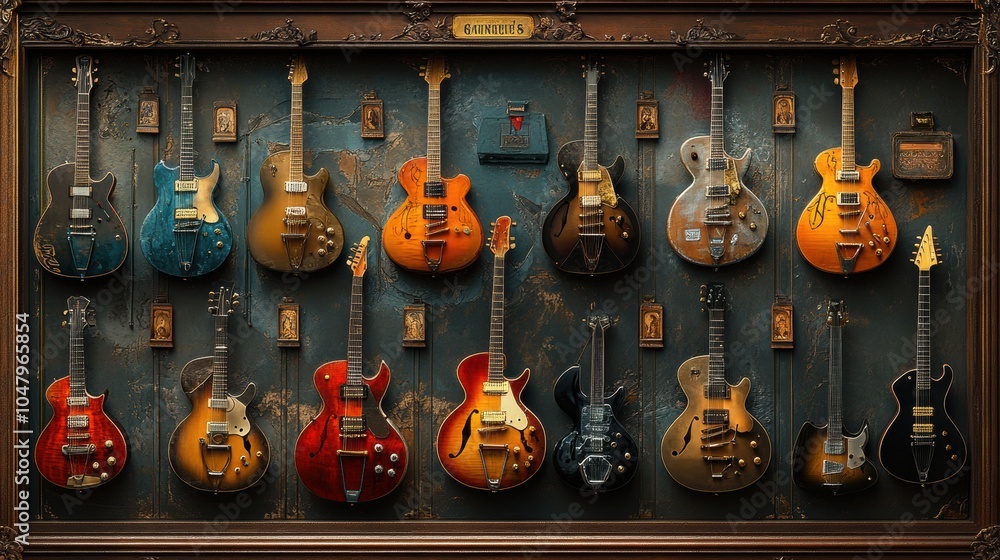Naklejka premium A collection of guitars are displayed in a case. Generative AI