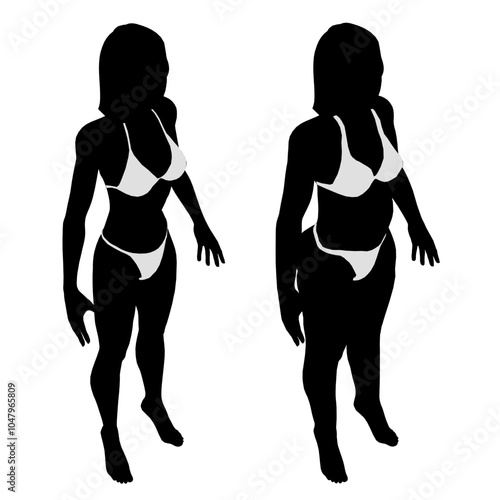 Before and after weight loss silhouette. An overweight girl stands in isometric of thin, slender, fit woman. Lifestyle Healthcare concept character pose character animation silhouette vector design