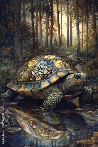 A majestic tortoise with stained glass shell reflects serenity in a forest oasis at dawn photo