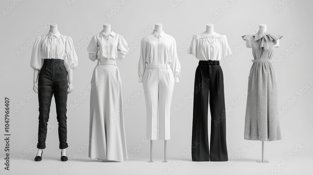 Five Mannequins Displaying Various White Shirts and Bottoms Five Mannequins Displaying Various White Shirts and Bottoms