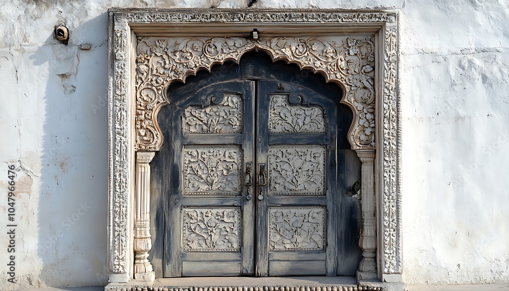 Ornate wooden door with intricate carvings, showcasing traditional architectural design. Ornate wooden door with intricate carvings, showcasing traditional architectural design.