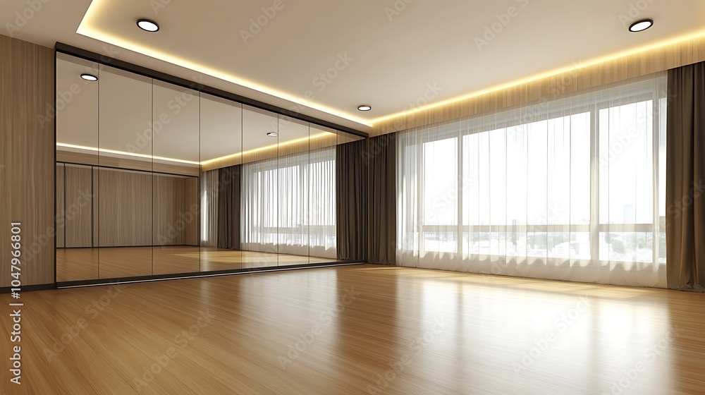 Modern Interior Design with Mirror Wall and Sunlit Windows. Modern Interior Design with Mirror Wall and Sunlit Windows.