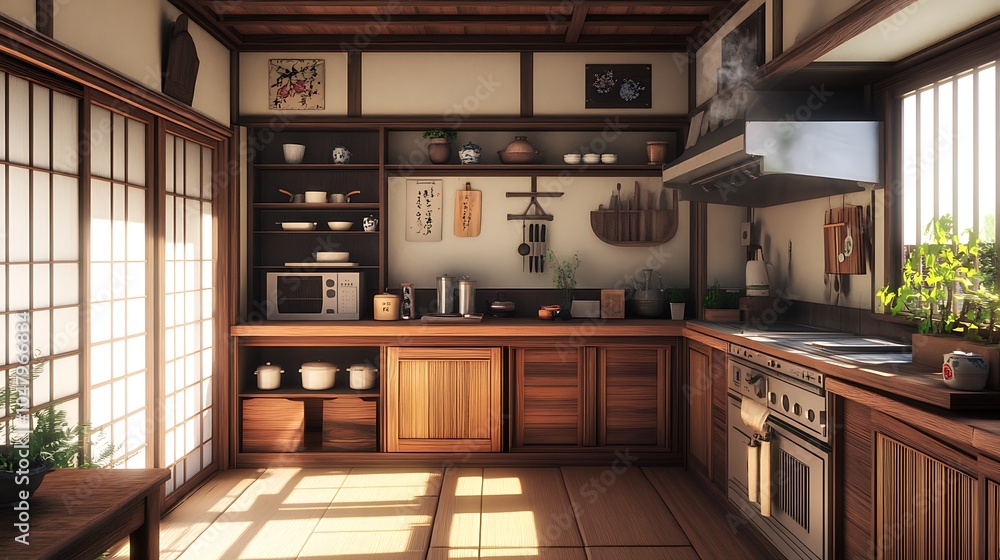 Traditional Japanese Kitchen Interior Design with Wooden Cabinets and Sliding Doors. Traditional Japanese Kitchen Interior Design with Wooden Cabinets and Sliding Doors.