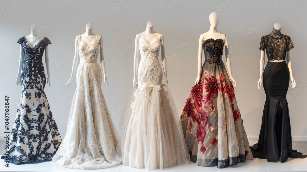 Five Mannequins Displaying Elegant Formal Dresses Five Mannequins Displaying Elegant Formal Dresses