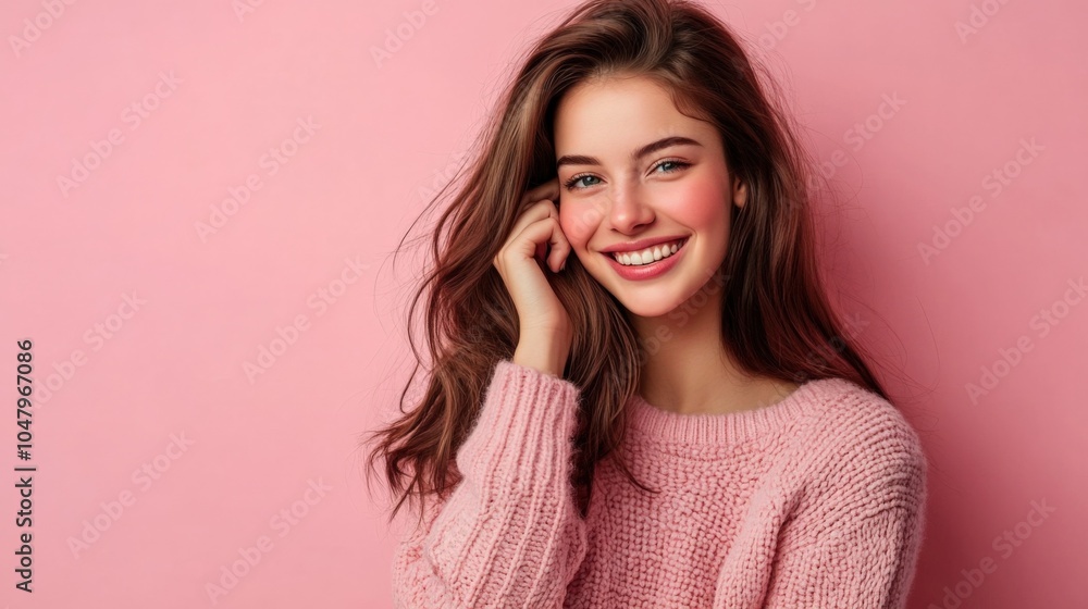 Fototapeta premium Smiling Young Woman in Soft Pink Sweater