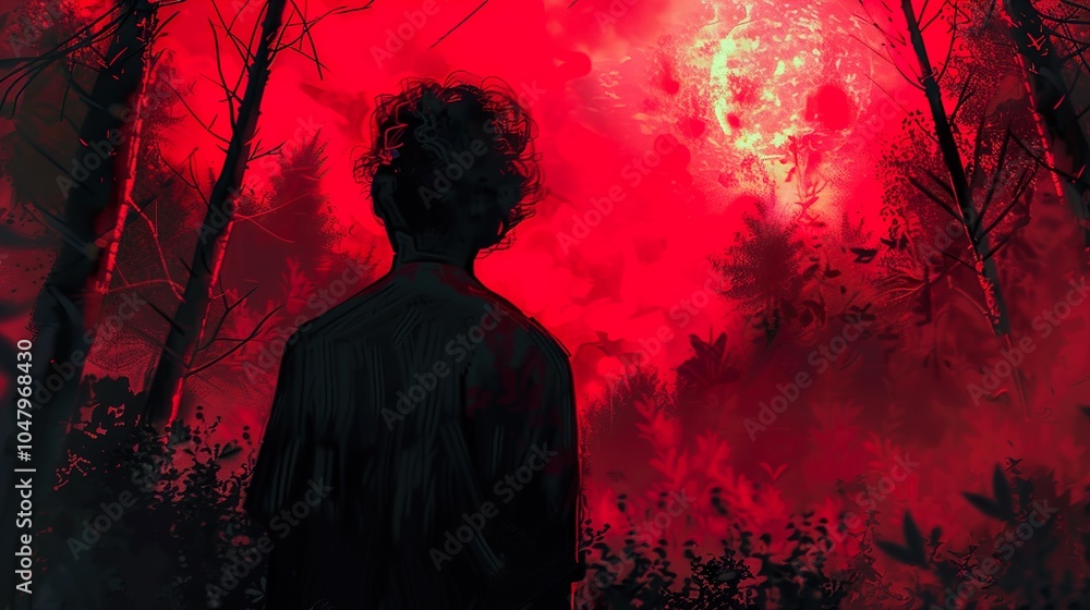 Silhouette of a Figure in a Red Forest Under a Blood Moon Silhouette of a Figure in a Red Forest Under a Blood Moon