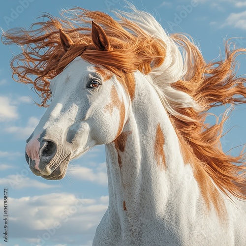 Wallpaper Mural A stunning white horse with flowing red mane stands against a blue sky, exuding beauty and grace. Torontodigital.ca