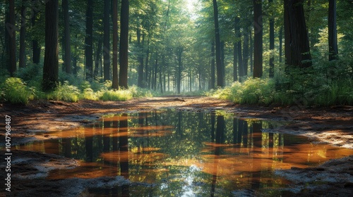 Serene forest scene with a reflective puddle and sunlight filtering through.