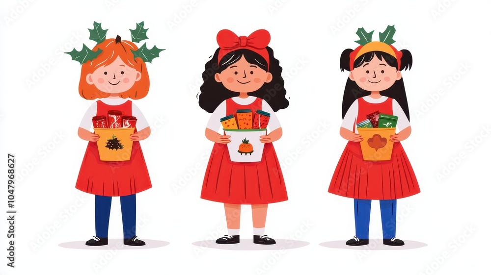 Three cheerful girls in festive outfits hold colorful boxes, showcasing a holiday spirit with bows and decorations on their heads. Three cheerful girls in festive outfits hold colorful boxes, showcasing a holiday spirit with bows and decorations on their heads.