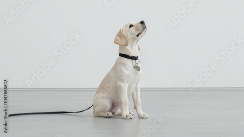 young puppy sits attentively on leash, looking upwards with curiosity and focus. light background highlights puppys soft fur and eager expression