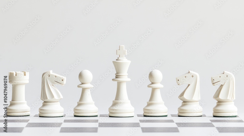 Elegant White Chess Pieces on a Clean Board Elegant White Chess Pieces on a Clean Board
