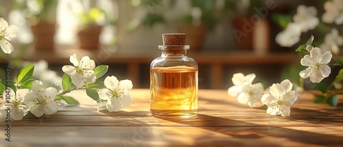 Small glass bottle of oil with delicate white flowers, wooden table, warm natural light