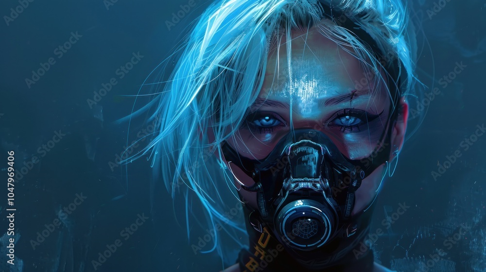Beautiful woman with tied white hair and cyberpunk style mask bright blue wall background, Beautiful woman with tied white hair and cyberpunk style mask bright blue wall background,