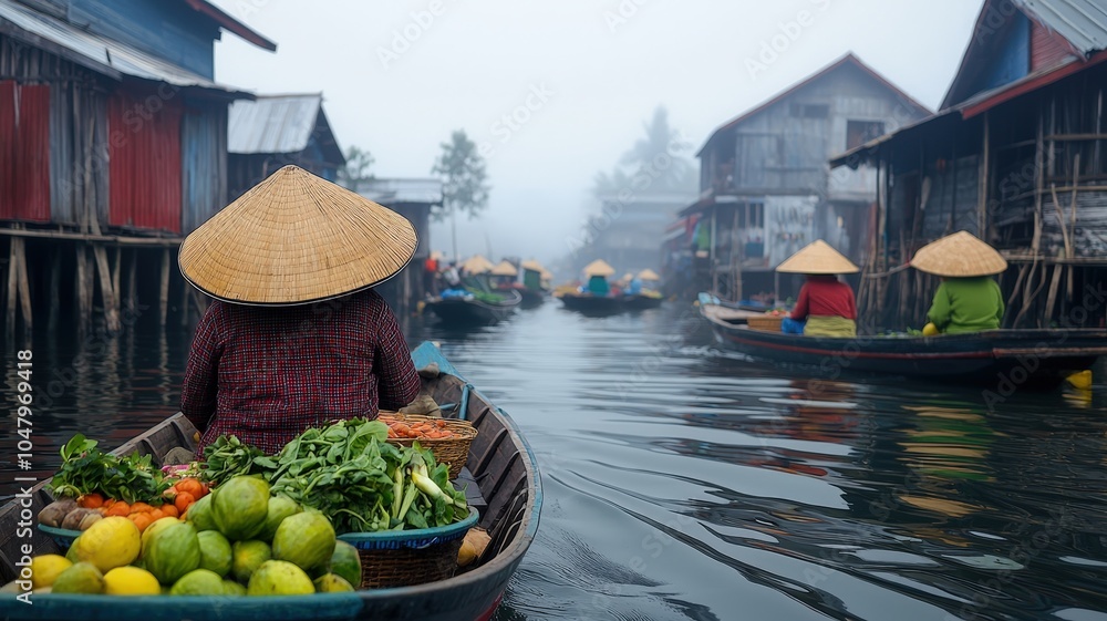 Obraz premium A serene market scene on a misty waterway, featuring colorful boats laden with fresh fruits and vegetables near stilted houses.