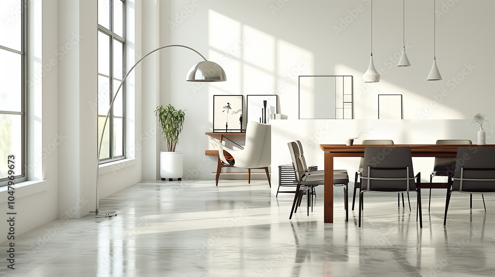 Sleek open-plan living room with white walls, polished concrete floors, and a minimalist dining area, highlighted by an oversized, statement floor lamp. Sleek open-plan living room with white walls, polished concrete floors, and a minimalist dining area, highlighted by an oversized, statement floor lamp.