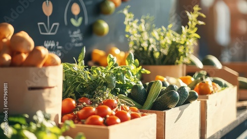 A vegan food market stall with a variety of colorful, fresh produce, plant-based economy, sustainable diet