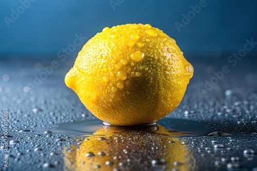 Symmetrical yellow lemon with water drops on table surface