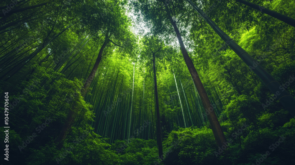 Obraz premium A forest with tall trees and a lot of green foliage