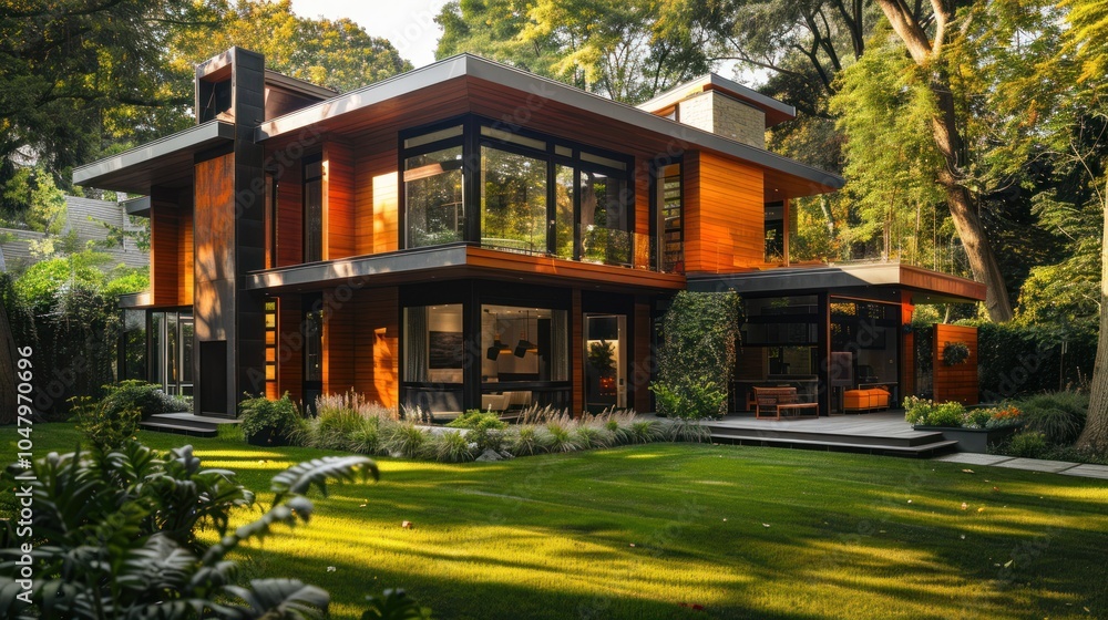 Modern Wooden House with Large Windows Surrounded by Lush Greenery Modern Wooden House with Large Windows Surrounded by Lush Greenery