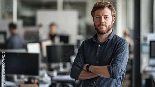 A focused young European professional stands confidently in a modern office, showcasing a serious demeanor while surrounded by technology and teamwork.