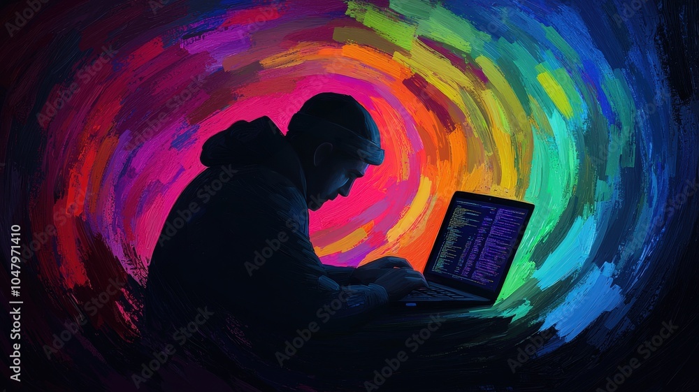 A silhouette of a person working on a laptop, surrounded by vibrant swirling colors, depicting creativity and technology. A silhouette of a person working on a laptop, surrounded by vibrant swirling colors, depicting creativity and technology.