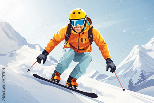 a skier skiing down the slope at high speed. He is wearing a ski helmet and ski goggles