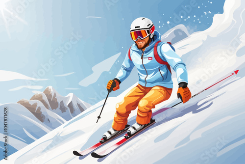 a skier skiing down the slope at high speed. He is wearing a ski helmet and ski goggles