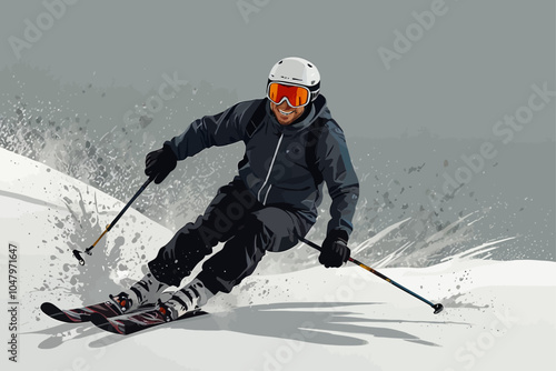 a skier skiing down the slope at high speed. He is wearing a ski helmet and ski goggles