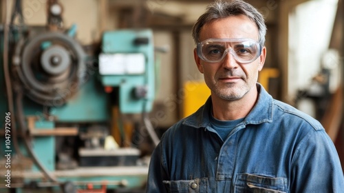 A middle-aged male engineer stands confidently in a workshop environment, wearing safety goggles and a blue jacket, ready to operate machinery and handle tools.